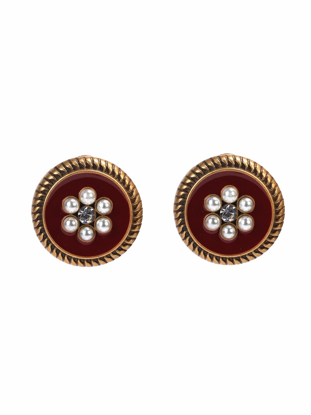 Gold-Tone Red Enamel Pearl Flower Stud Earrings925s posts